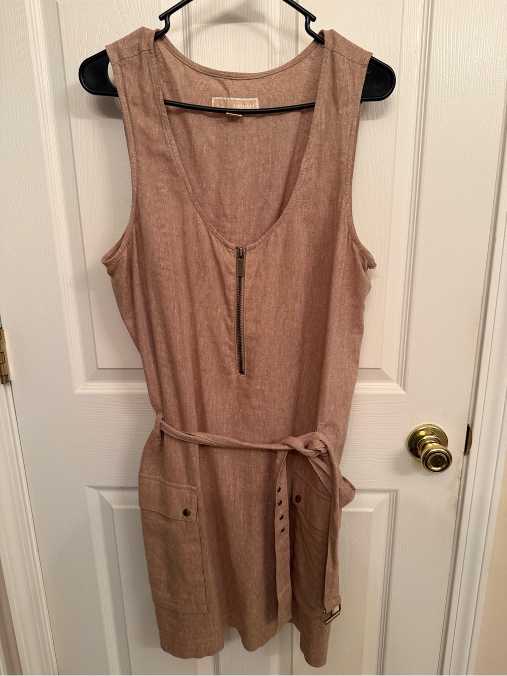 Michael Kors Taupe Sleeveless Zip Front Belted Dress